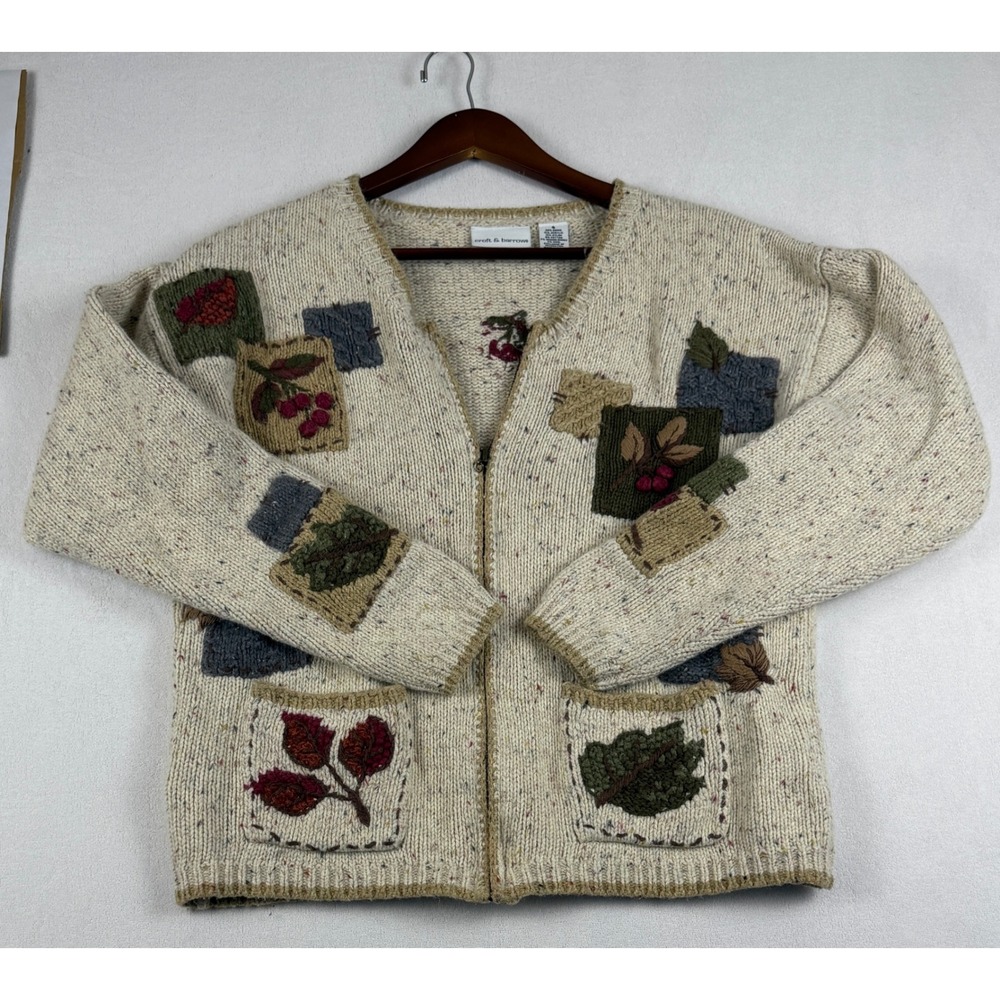 Croft & Barrow Womens Small Oatmeal Patchwork Floral Zip Up Cardigan Sweater